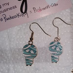 CUTE *Pastel Blue MUMMY Charm Halloween Earrings spooky charm 1 pr Handmade NEW